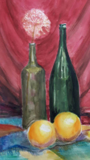 Butelki i pomarańcze - akwarela